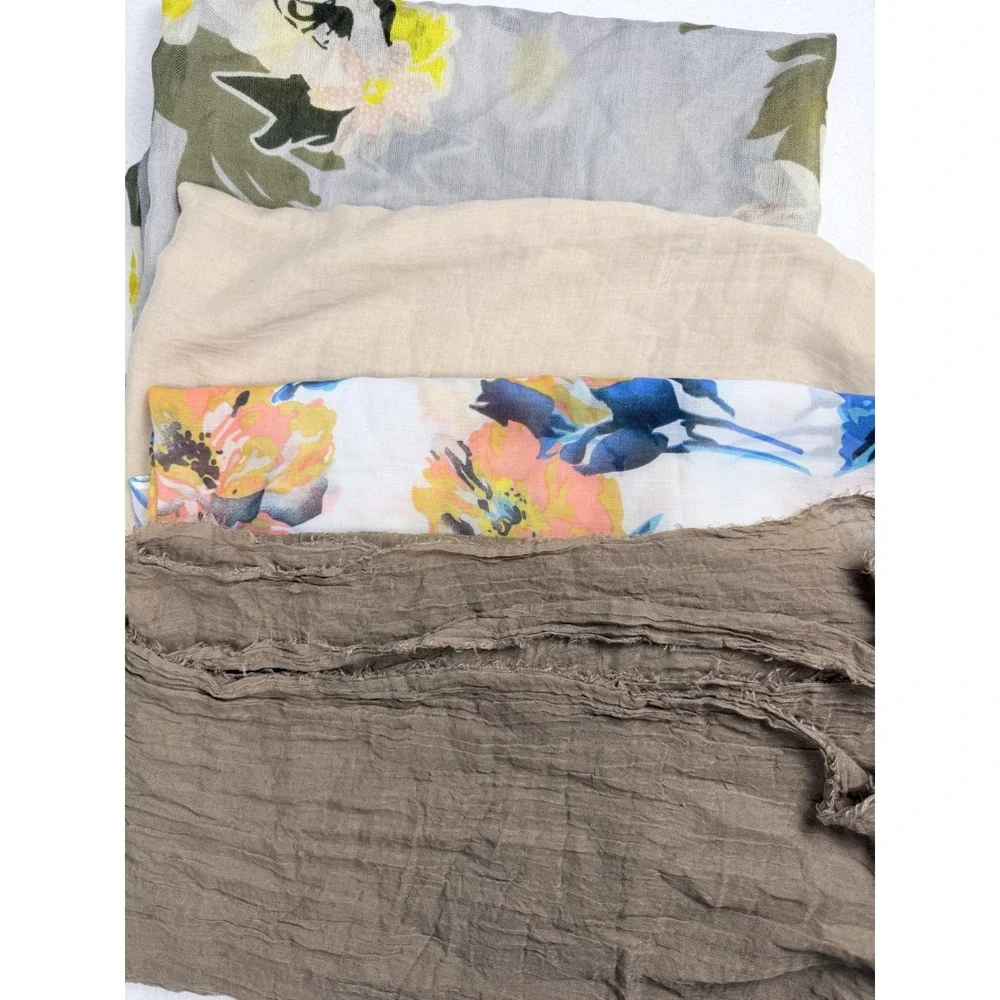 Scarf Bundle Lot of 4 Floral Crinkle Solid Beige Grey Wool Blend Various Sizes